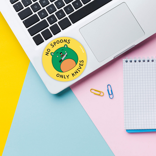 No_spoons_only_knives vinyl sticker on laptop