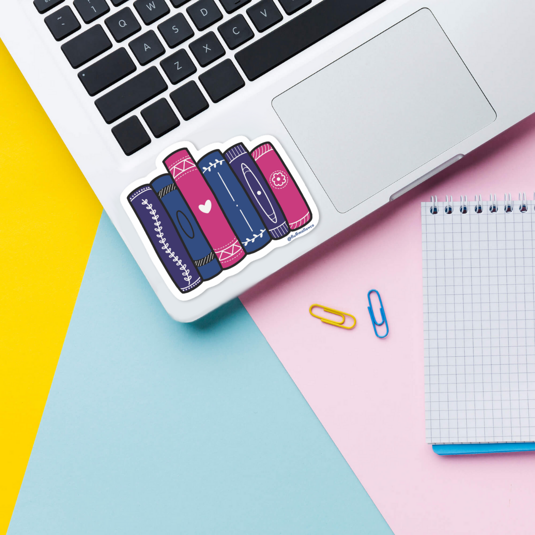 bisexual bookstack vinyl sticker on laptop