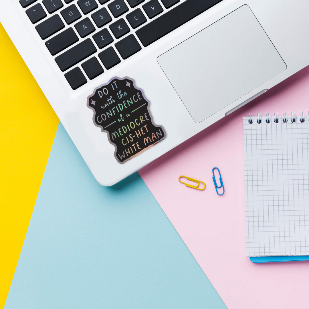 confidence cis-het man holographic vinyl sticker on laptop