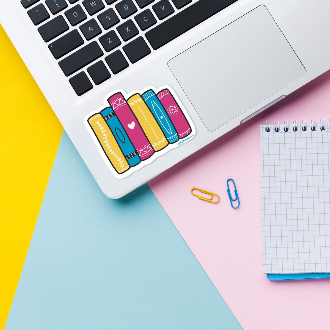 pansexual bookstack vinyl sticker on laptop