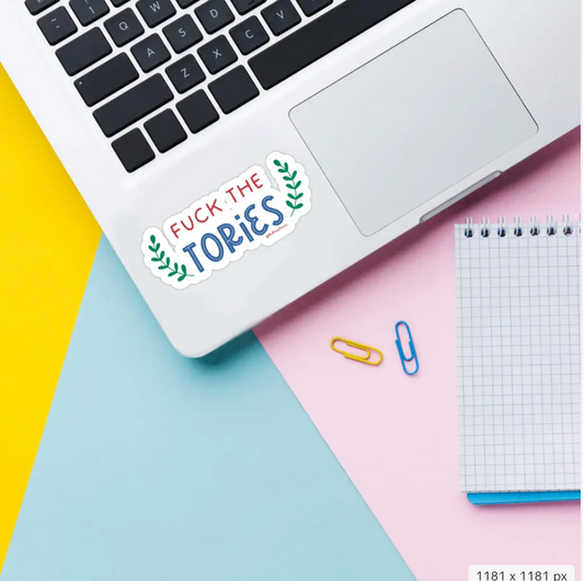 tories sticker funny on laptop