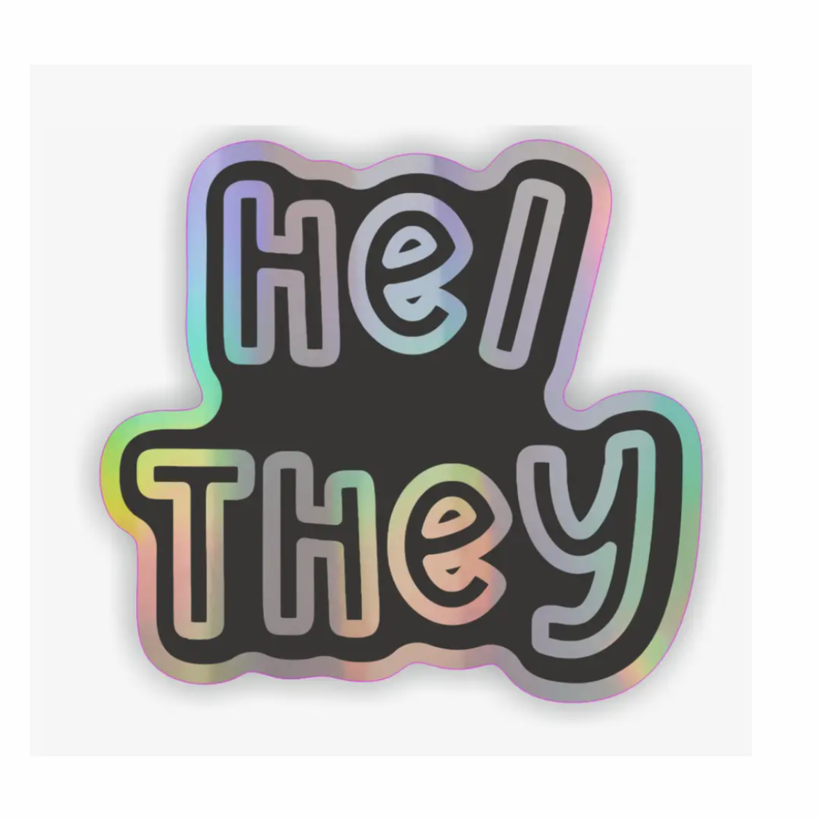 He/they holographic vinyl pronoun sticker