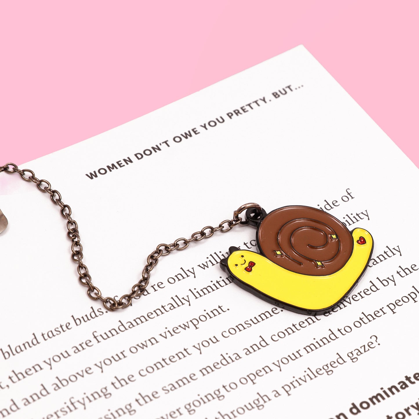 Kawaii snail with bow enamel bookmark with chain