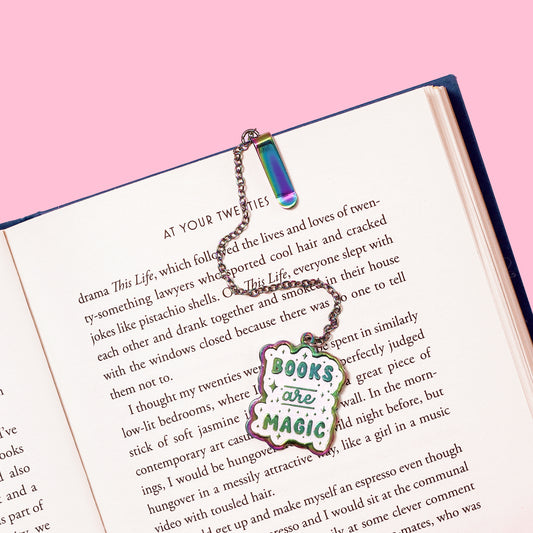 Books are magic glitter enamel bookmark with rainbow chain