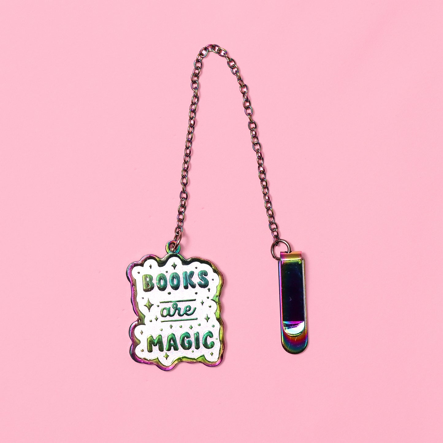 Books are magic glitter enamel bookmark with rainbow chain