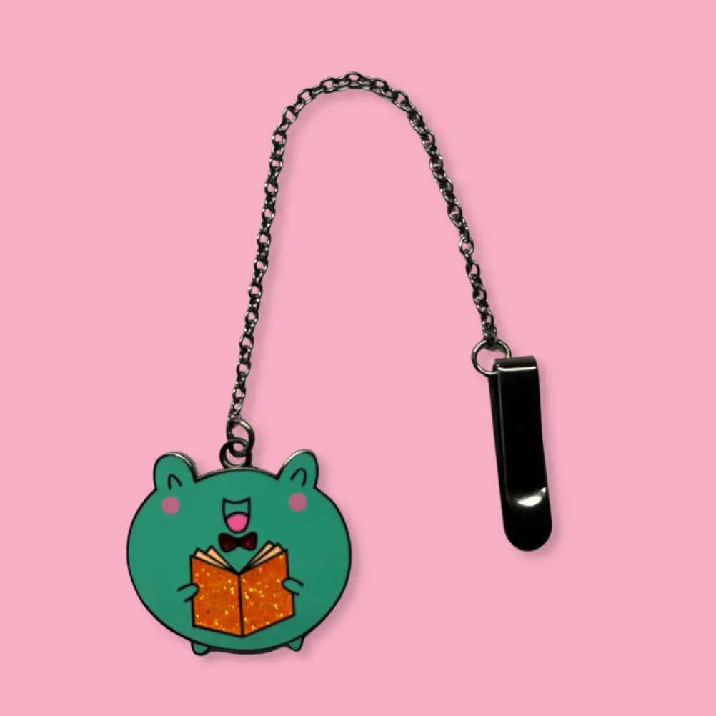 Cute frog reading enamel bookmark with chain