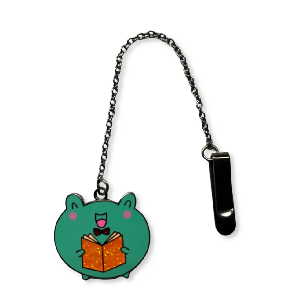 Cute frog reading enamel bookmark with chain