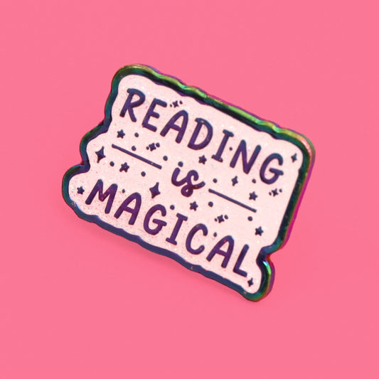 Reading is magical bookish rainbow glitter plated enamel pin