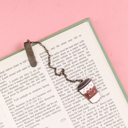 Kawaii coffee cup with bow enamel bookmark with chain
