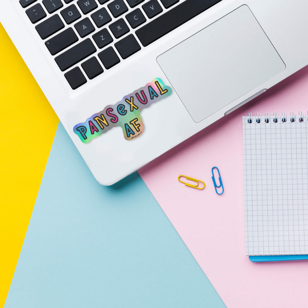 Pansexual af holographic vinyl sticker on laptop