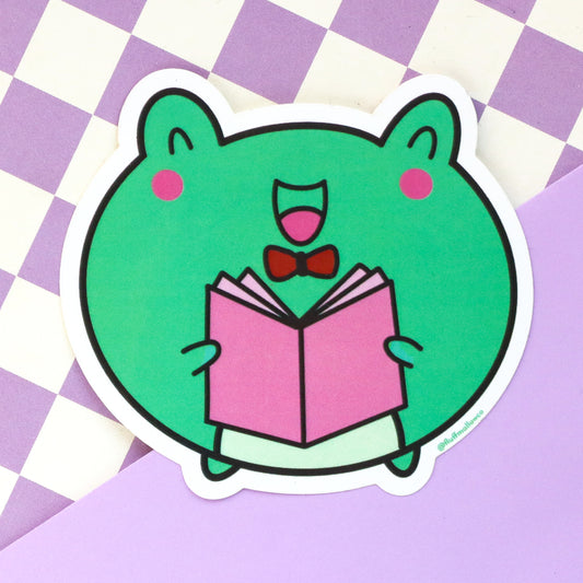 Kawaii frog reading book vinyl sticker