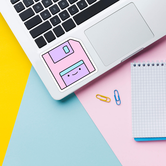 kawaii floppy disk sticker on laptop